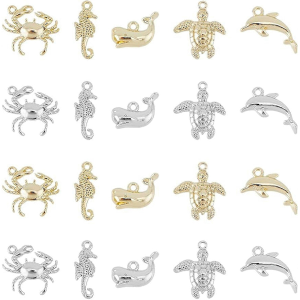 20 st Charm-berlocker i legering med havsdjurstema, rackpläterade, krabba, sjöhäst, val, havssköldpadda, delfin, platina och ljusguld, hål:
