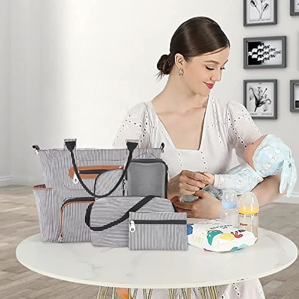 Sonarin 7-delad blöjväskset Multifunktionell mammaväska Baby skötväska Axelväska Resväska Skötväska med flaskväska Skötbädd och Black
