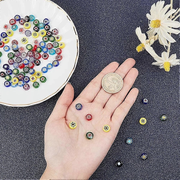 5 tråder 6mm Millefiori Lampwork Glassperler Flat Runde Spacerperler for Smykkefremstilling