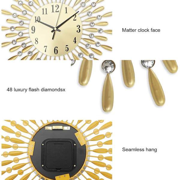 Diamantprydd väggklocka Elegant Diamant Guld Väggklocka Tyst