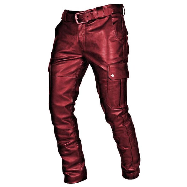Herr Faux Pu Läder Skinny Slim Fit Rak Ben Metallic Biker Byxor Red 3XL