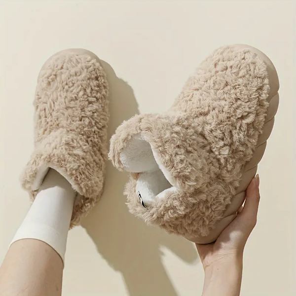 Dam Fluffy Snow Boots, Solid Color Vinter Varma Slip On Slipper Boots, Inomhus & Utomhus Plysch Ankle Boots Khaki EU40 41