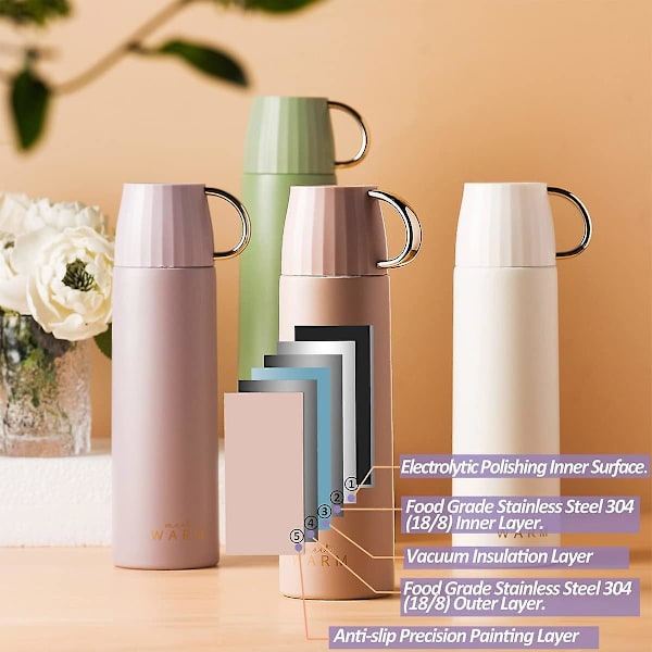 Flaskor för varma och kalla drycker 500 ml, vakuumisolerad termosmugg för drycker, läcksäker vattenflaska (rosa)