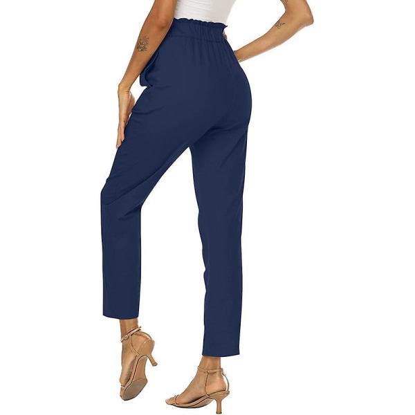Kvinnor Volang Hög Midja Casual Byxor Elastisk Midja Byxor Navy M