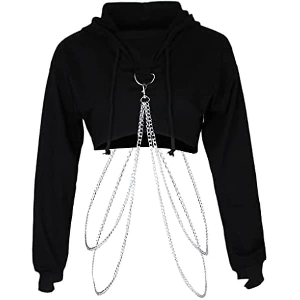 Dame Sort Langærmet Pullover Crop Top Hættetrøje Sweatshirt Klubfest Black M