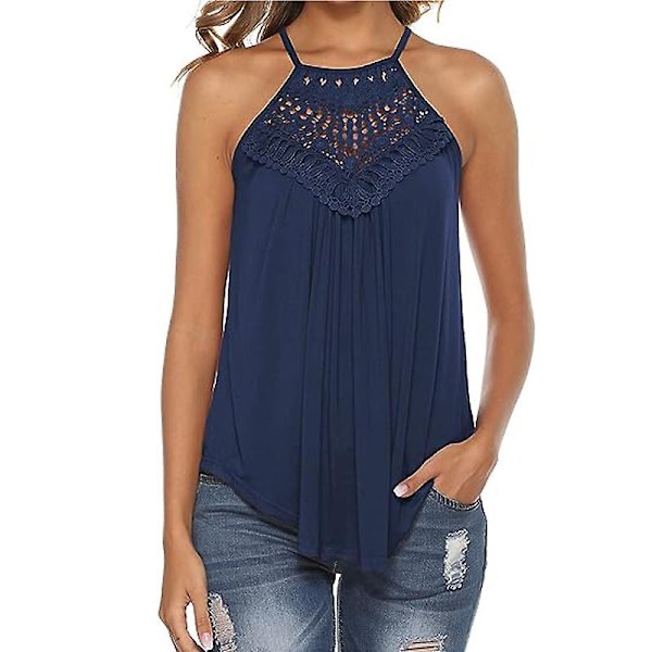 Tanktopp for kvinner, avslappet sommer grime spaghetti stropp blonde ermeløse topper NAVY L