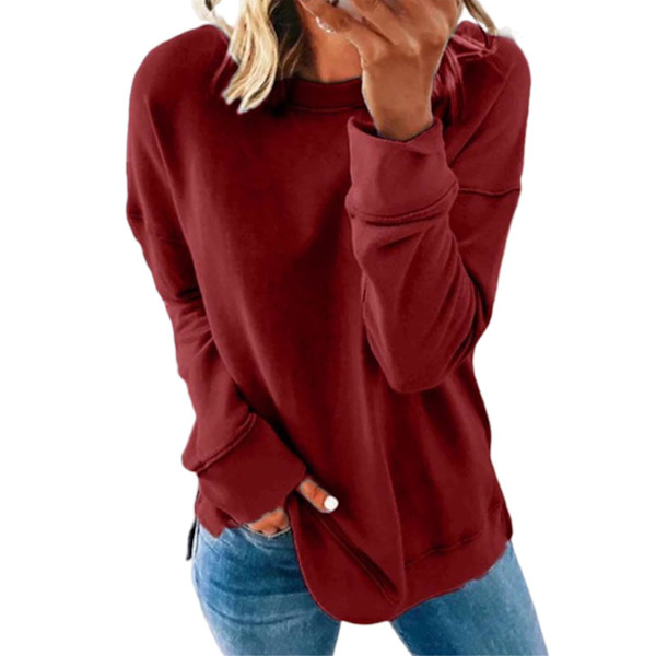 Dame 2022 Efterår Vinter Hættetrøje Tyk Sweatshirt Dame Toppe Løs Afslappet Rund 2XL Wine Red