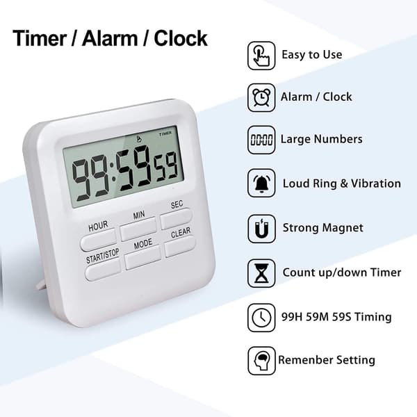 Digital timer med 3 i 1 klocka/larmfunktion, magnetisk kökstimer, nedräkningsur (vit)
