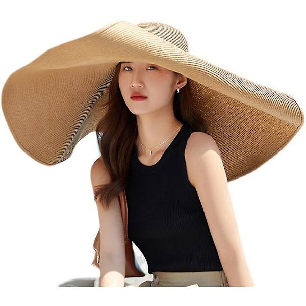 Överdimensionerade strandhattar av halm för kvinnor Extra stor bredbrättad strandhatt hopfällbar rulla upp slapp solhatt sommar utomhus beige