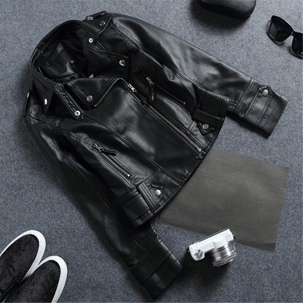Dame Pu Casual Biker Jakke Kunstlæder Tynd Punk Mode Overtøj Sort M