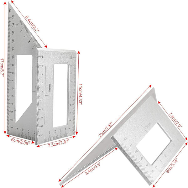 2 Sadels Layout Vinkelmåler til Træbearbejdning, 45/45 Grader - 90/45 Grader Vinkel Layout Geringsvinkel Måling T Lineal, Aluminiumlegering (Sølv)