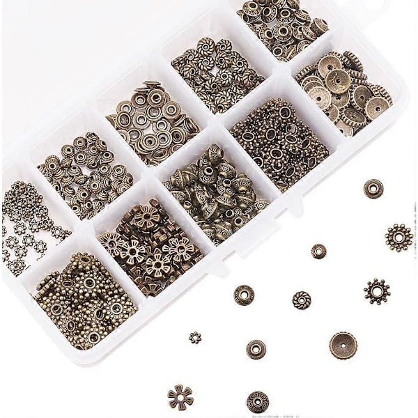 500 st 10 Stilar Tibetansk Legering Antik Brons Distanspärlor Växel Bicone Blomma Metall Distanshållare för Armband Halsband Smyckestillverkning