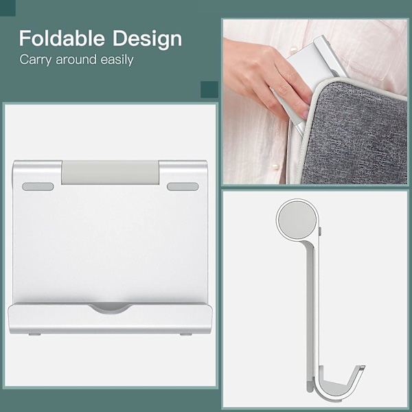 Nettbrettholder, Justerbar Bærbar Skrivebordsholder, Sammenleggbar Dokkingstasjon for iPad/iPad Pro/Air/Mini, Galaxy Tab A8/A7 Lite/A7/S8/S7, Nettbrett/Telefoner (4-13\"), Sølv