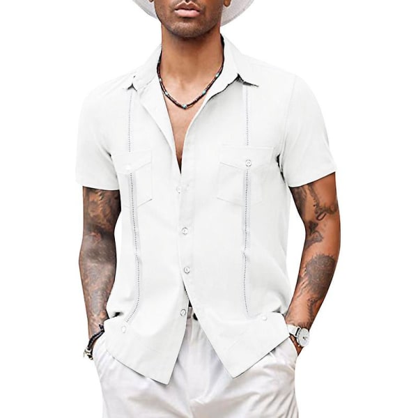 Herrskjorta kortärmade Guayabera-skjortor Casual Button Down Beach Toppar White S