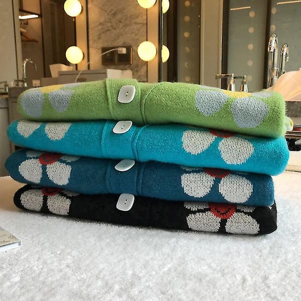 Dame Floral V-hals Cardigans Sweater Strik Langærmet Til Efterår Black
