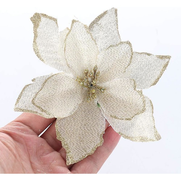 Sett med 12 kunstige glitter julestjerneblomster, gull, 13 cm