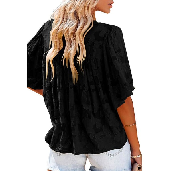 Kvinners V-hals Chiffon Trykte V-hals Avslappede Bluse Skjorte Topper Black 3XL