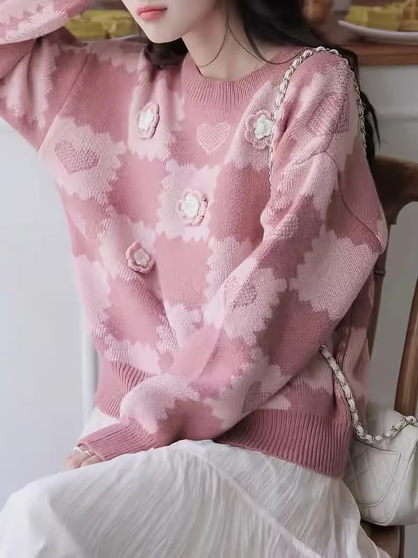 Blomstret patchwork-sweater til Valentinsdag, afslappet langærmet sweater, afslappede toppe til efterår og vinter, dametøj Pink
