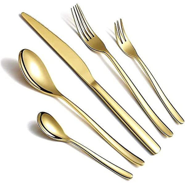 1 Sæt med 5 Dele Bestiksæt Inklusive 2 Gafler + 2 Skeer + 1 Kniv Premium Genanvendelige Bestiksæt Perfekt Til Rejser Camping Hjem Gold