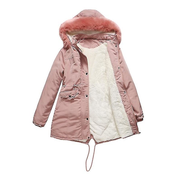 Dame Tykke Vatterte Jakker Med Avtakbar Hatt Vinter Bomullsjakke Hette Varmt Yttertøy 2XL Pink