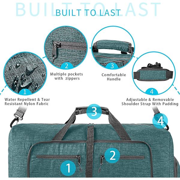 Reise-Dufflebag for menn, 65l sammenleggbar reise-duffelbag med sko-rom nattpose for menn kvinner vanntett og rivebestandig Green