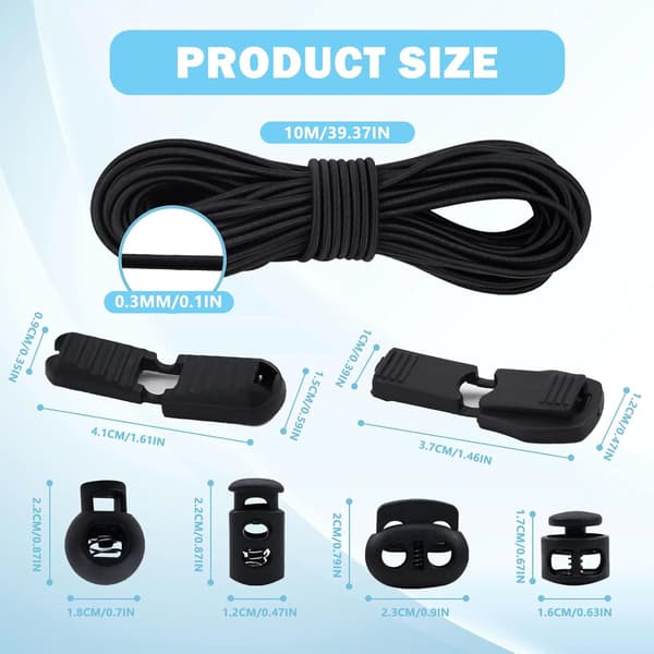 Elastiskt rep, 3 mm x 10 m svart elastiskt rep med 40 repändar + 40 repgenomföringar runt högelastiskt elastiskt gummirep för dragskoryggsäck