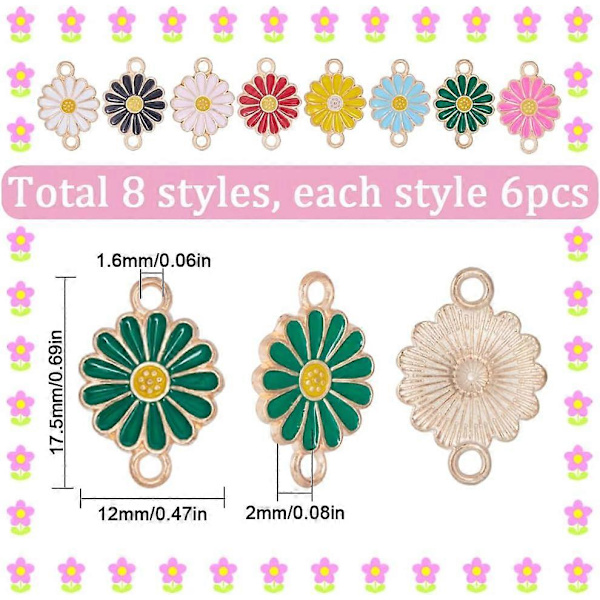 1 Ask 48 st 8 Färger Solros Charm Bulk Emalj Solros Charm Guld Blommig Daisy Connector Legering Blommor Växter Kopplingar för Smyckestillverkning Charms