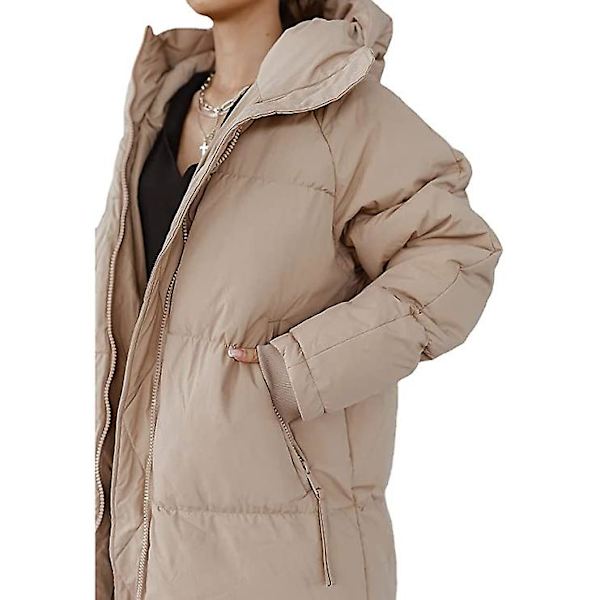 Kvinnors långa quiltade kappa, huvtröja längd långärmad pufferjacka Khaki M