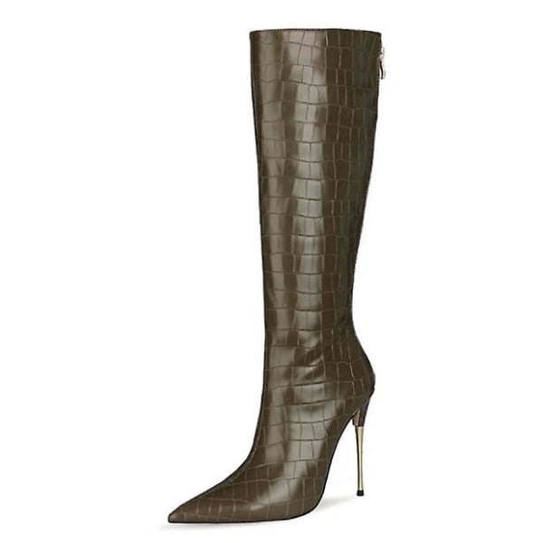 Dame Patent Læder Pu Høje Støvler Spids Tå Lynlås Bagpå Sexede Stiletstøvler Brown 41