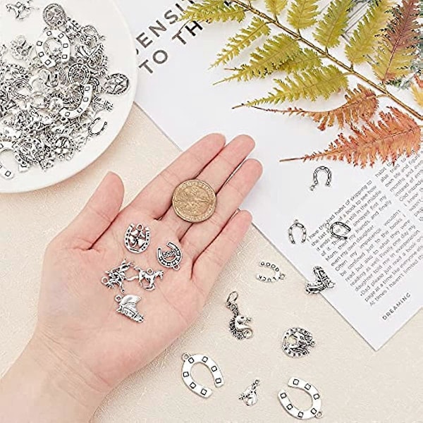 84 st Antik Silver Hästskohänge Berlocker Rostfritt Stål Blandade Hästar Halsband Pärla för DIY Smyckestillverkning 14 Stilar