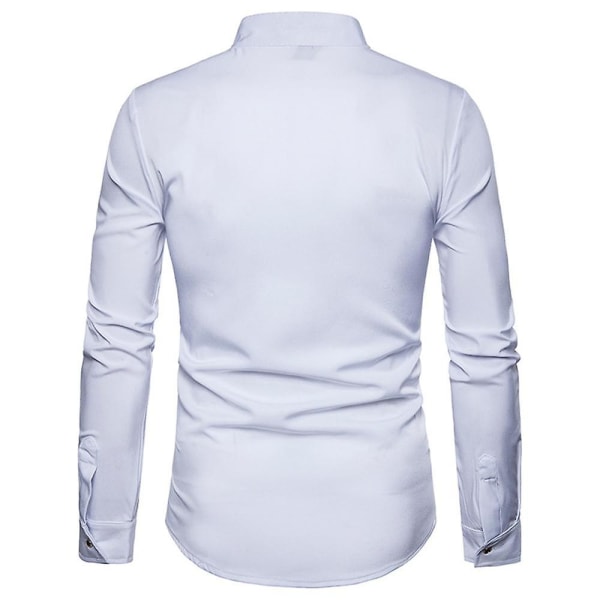 Broderad långärmad Slim Fit Button Down Casual Partyskjorta för män White XXL