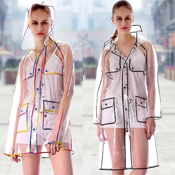 Vuxen Transparent Tjock Huva Långärmad Vattentät Regnrock Poncho Regnkläder Multicolor L