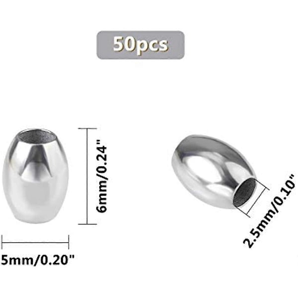 50 st 6 mm Tunnformade Distanspärlor 2,5 mm Hål Rostfritt Stål Lösa Pärlor Metallpärlor Distanshållare Släta Yta Pärlor Fynd för DIY Smyckestillverkning Rostfritt