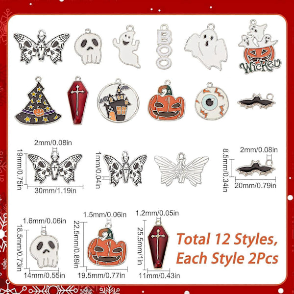 1 Æske 24 stk. 12 Stilarter Halloween Charm Spøgelses Charm Bulk Gotisk Charm Græskar Spøgelse Kiste Kors Kranie Sort Flagermus Charm