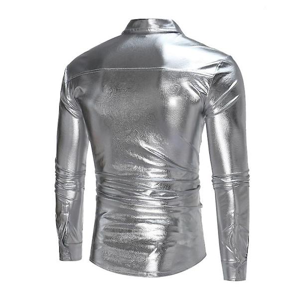Glansfulle, tettsittende langermet skjorte for menn, for nattklubb Silver XL