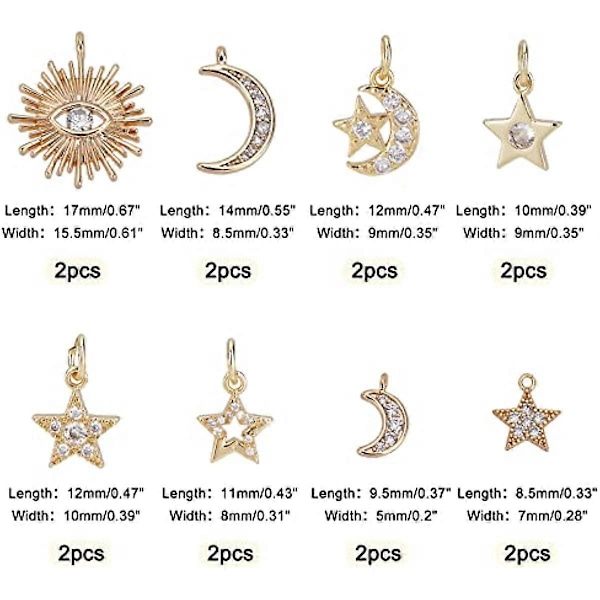 16 st 8-stilar Mässing Micro Pave Kubisk Zirkonia Berlocker Rhinestone Kristall Måne Stjärnberlocker Planet Stjärniga Berlocker Hängande Berlocker för Armband Halsband E