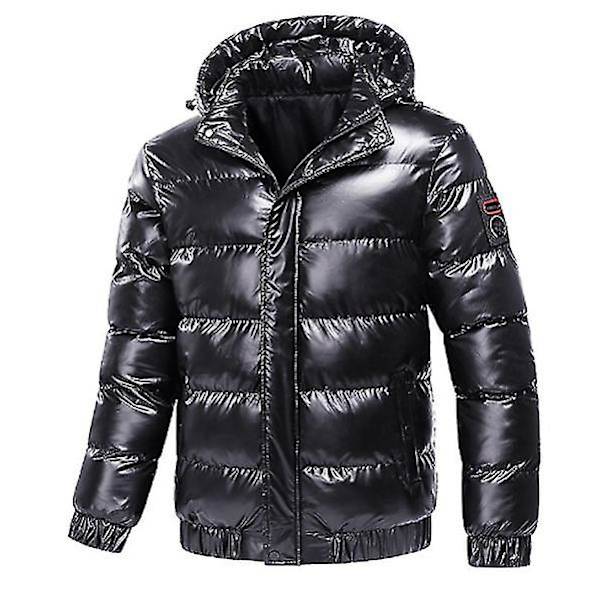 Herr glänsande dunjacka avtagbar huva vinter tjock värme pufferjacka Black XL