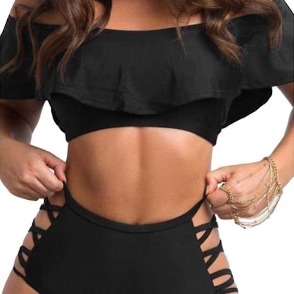 Naisten röyhelöinen olkapäät paljastava seksikäs uimapuku, kaksiosainen bikini White XL