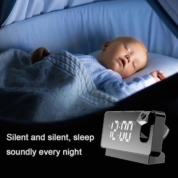 Projektionsväckarklocka för sovrum, digital väckarklockradio med dimmer och USB-laddningsportar, 180 roterbar projektor, dubbel alarm, snooze, tydlig LED-di