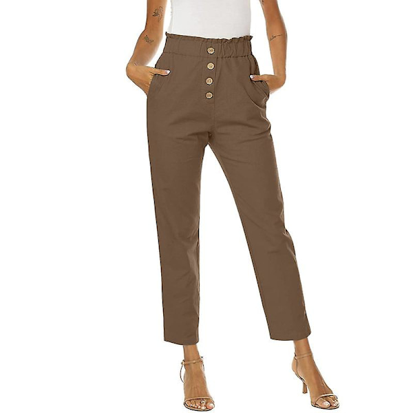 Kvinnor Volang Hög Midja Casual Byxor Elastisk Midja Byxor Brown M