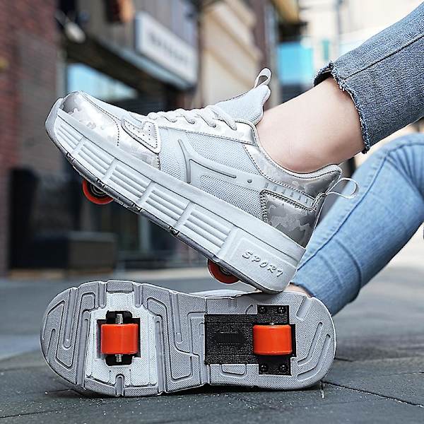 Pojkar Flickor Sneakers Dubbelhjuliga Skor Led Ljussko 3F908 Silver EU 31