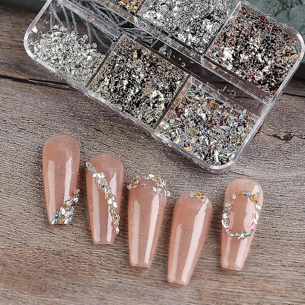 6 Galler Färgglada Nagelkonst Folier Glittrar Aluminiumflingor Nagelkonst Tillbehör Oregelbundna Guld Silver Koppar Nagelfolie För Gel Polish Nagel Dekorationer B