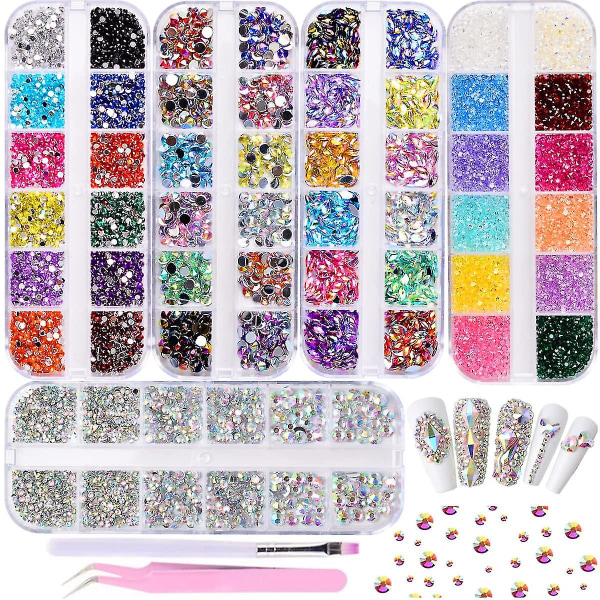 5 lådor Färgglada Nail Art Strass Kit - Multicolor Nail Crystal Gems Nail Diamonds Nail Horse Eye Strass med pincett och nail art för