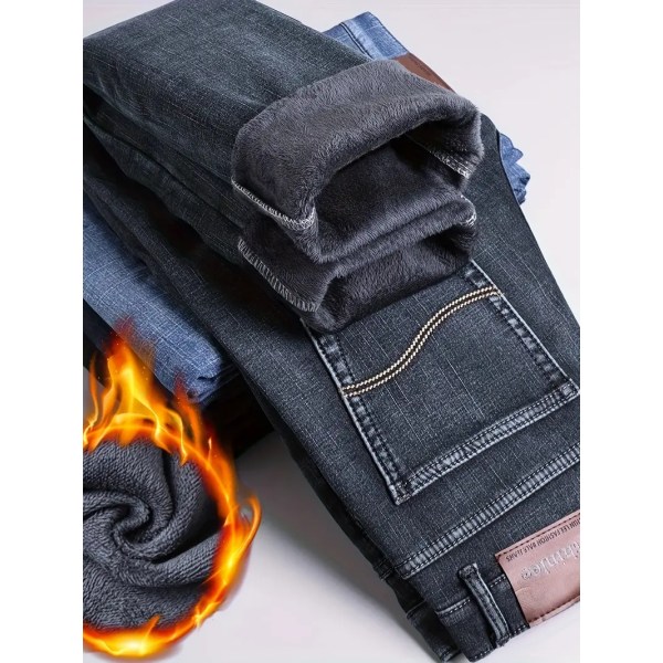 Herr Fleece Jeans för affärer, Casual Street Style Denimbyxor med fickor för höst vinter black Asia 36