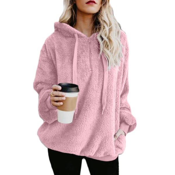 Mjuk och fluffig sweatshirt för kvinnor, höst och vinter, varm dragkedja upp huvtröja pullover med 3XL Pink