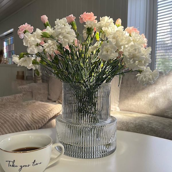 Klar glasvas, räfflad vas, räfflad glasvas, blomvas, modern vas för mittpunkter, dekorativ vas för vardagsrum, matbord, entré,