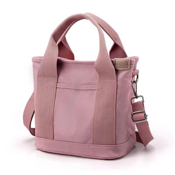 Canvas tote taske til kvinder, canvas håndtaske med flere indvendige lommer, lynlåslukning med vedhæng, ensfarvet Crossbody Pink
