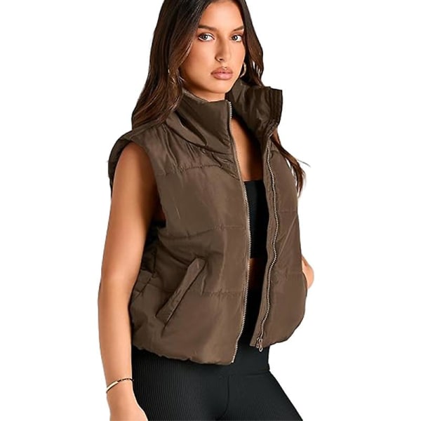 Puffer Vest Dame Ærmeløs Vinter Cropped Stand-up Krave Dunjakke Brown L