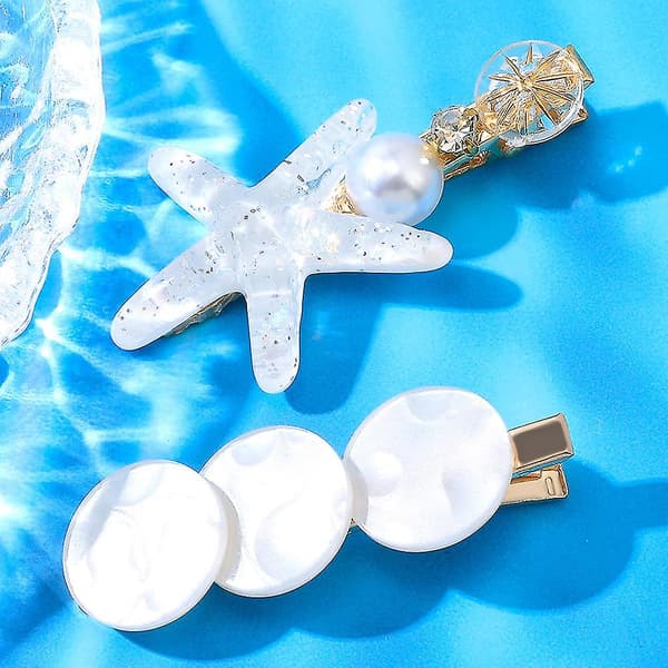 2-pack marina tema hårklämmor stora dekor platta lugg stift pärlformad sidoklämma