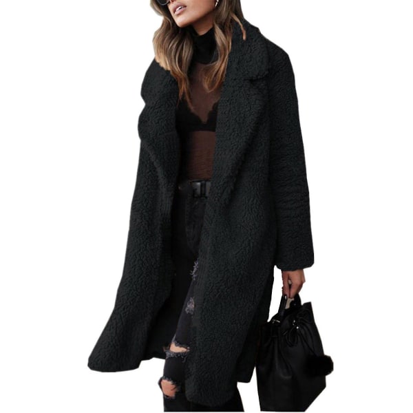 Lång kappa för kvinnor med kavajkrage Långärmad plysch kofta ytterrock 2XL Black